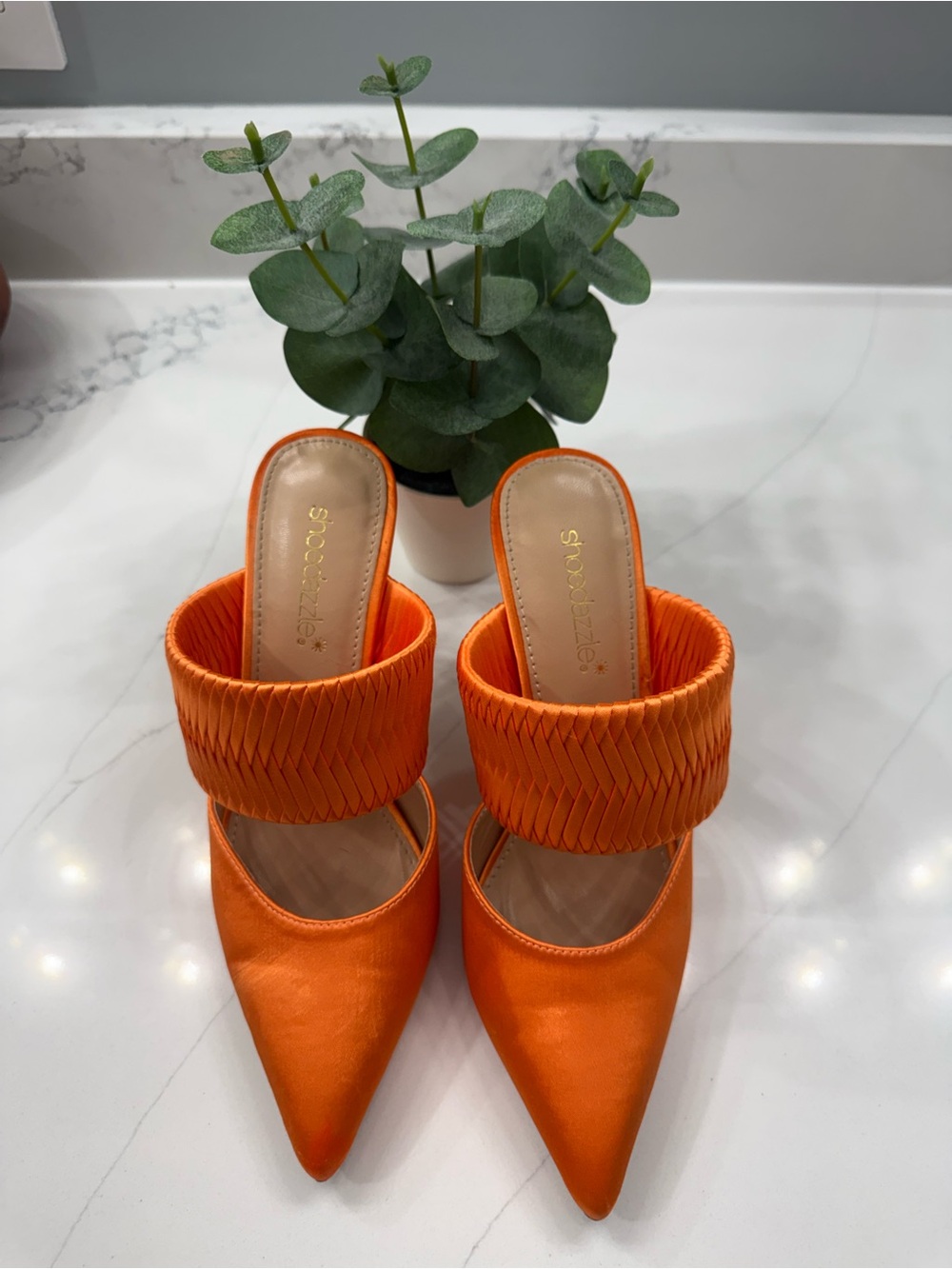 Shoe Dazzle Orange Pointed Satin Mules with Braided Wide Strap